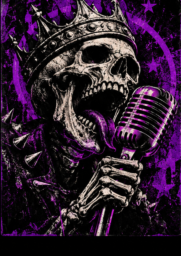 Caveira com microfone, arte do Karaokê da Morte