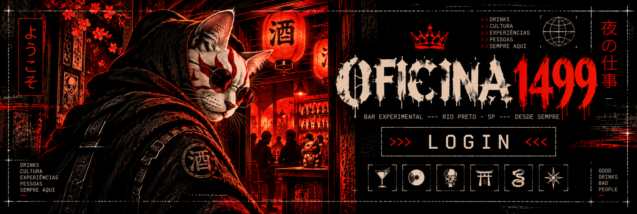 Arte Oficina 1499: gato cyberpunk e título LOGIN