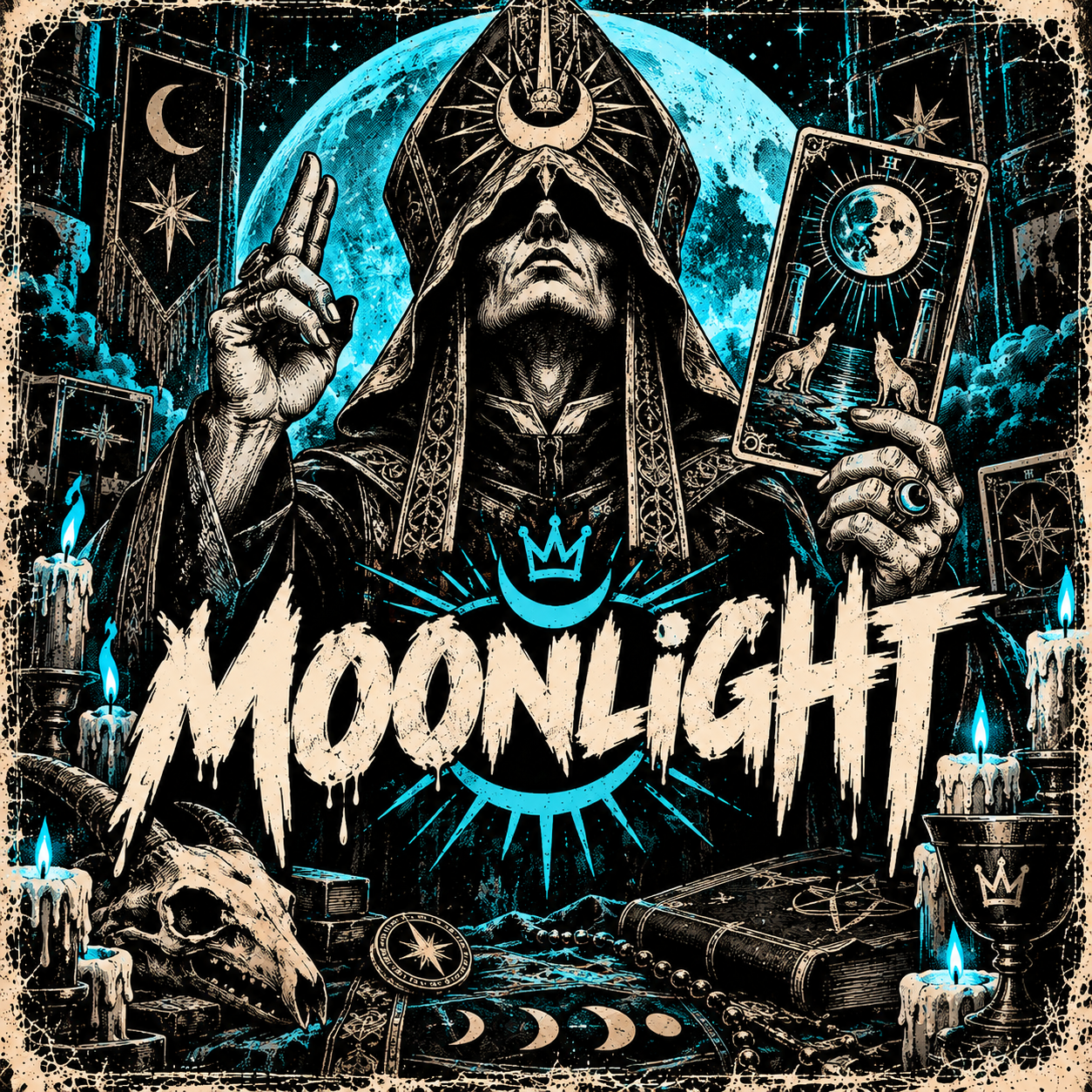 Arte Moonlight: hierofante diante da lua azul